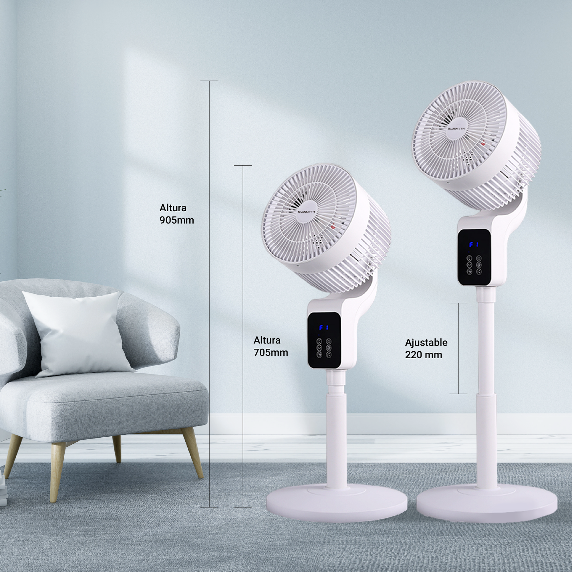 BLUEMYTH Ventilador Silencioso, 2 en 1 Ventilador de Pie y de Sobremesa, Altura Ajustable 70-90cm, 3 Modos 3 Velocidades con Mando a Distancia y Pantalla Táctil, Temporizador 9H, 3D Oscilación 50W