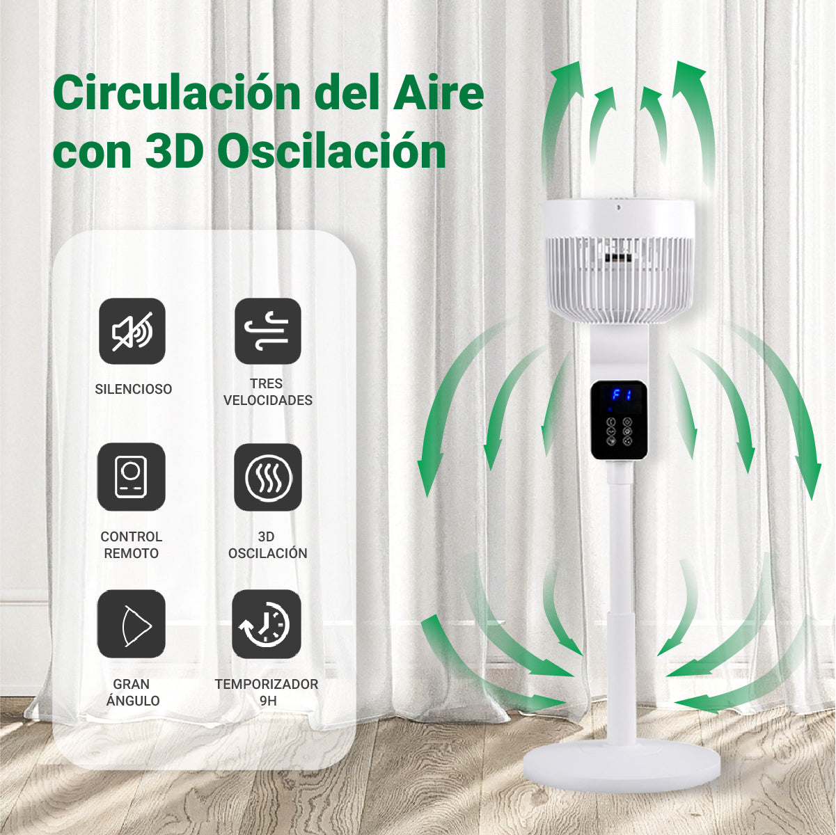 BLUEMYTH Ventilador Silencioso, 2 en 1 Ventilador de Pie y de Sobremesa, Altura Ajustable 70-90cm, 3 Modos 3 Velocidades con Mando a Distancia y Pantalla Táctil, Temporizador 9H, 3D Oscilación 50W