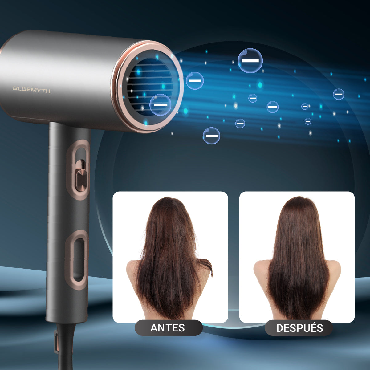 Bluemyth Secador pelo de iones negativos 2200w, Secadores de pelo profesional con difusor y concentrador, Secador de pelo viaje con 3 niveles de temperatura